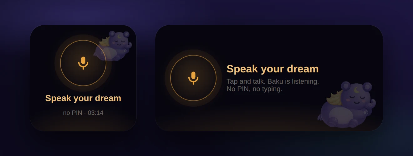 The Dreamgate night widget: a microphone ring on a near-black tile, with Baku asleep in the corner