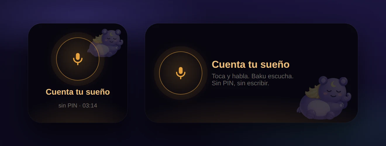 The Dreamgate night widget: a microphone ring on a near-black tile, with Baku asleep in the corner