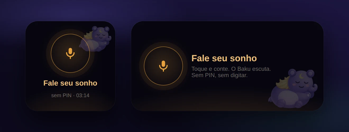 The Dreamgate night widget: a microphone ring on a near-black tile, with Baku asleep in the corner